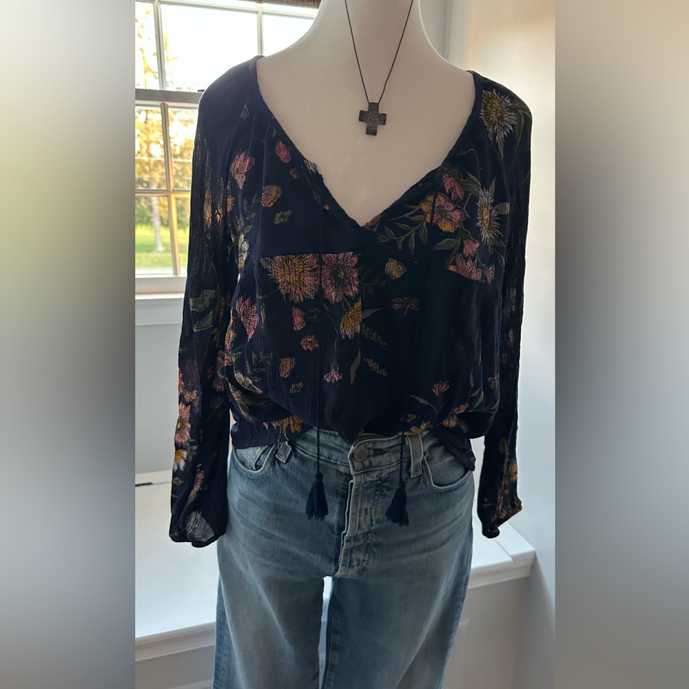 Old Navy Floral V-Neck Long Sleeve Blouse - Blue with Pink & Yellow Flowers